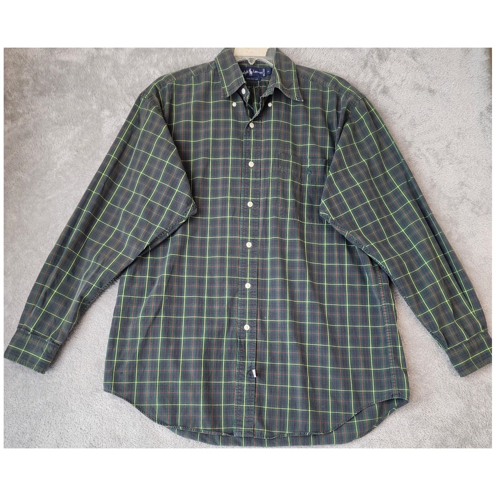 Ralph Lauren Shirt Mens Medium Green Plaid Button Down Long Sleeve Preppy Casual